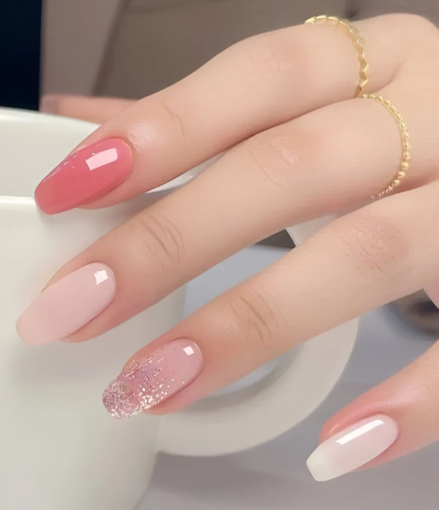 Nails with a mix of light pink, coral-pink, and pink glitter shades.