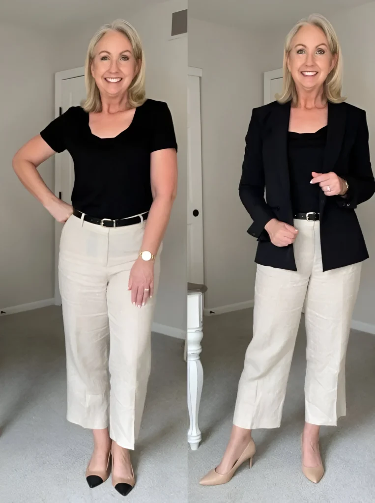 Versatile Outfit Ideas with Neutral Trousers and Black Top - Casual and Dressed Up