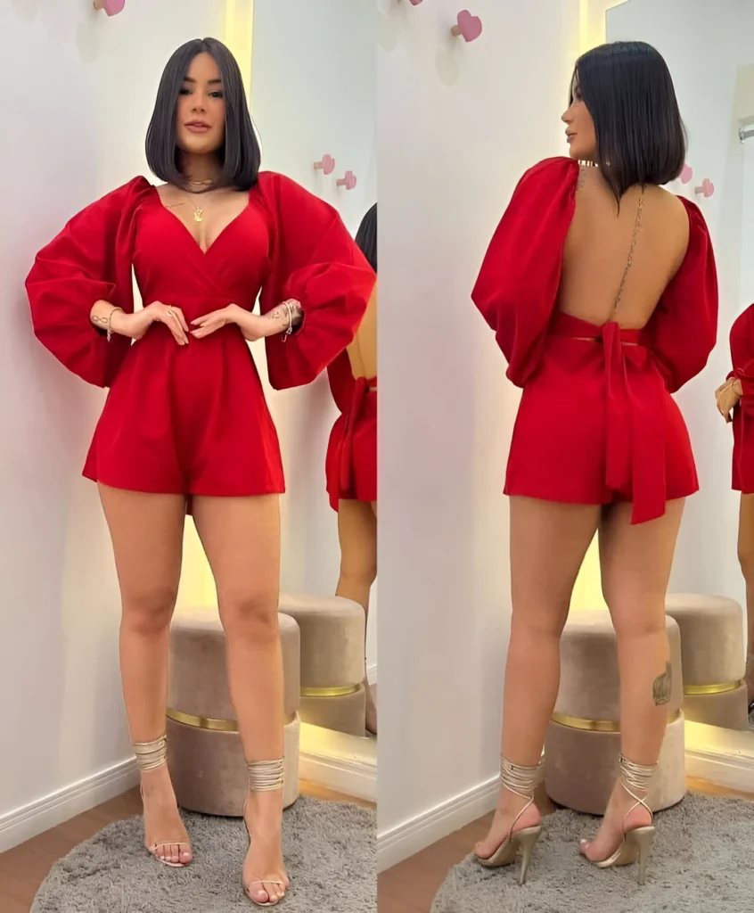 Bold Red Romper Outfit Idea with Statement Sleeves and Open Back