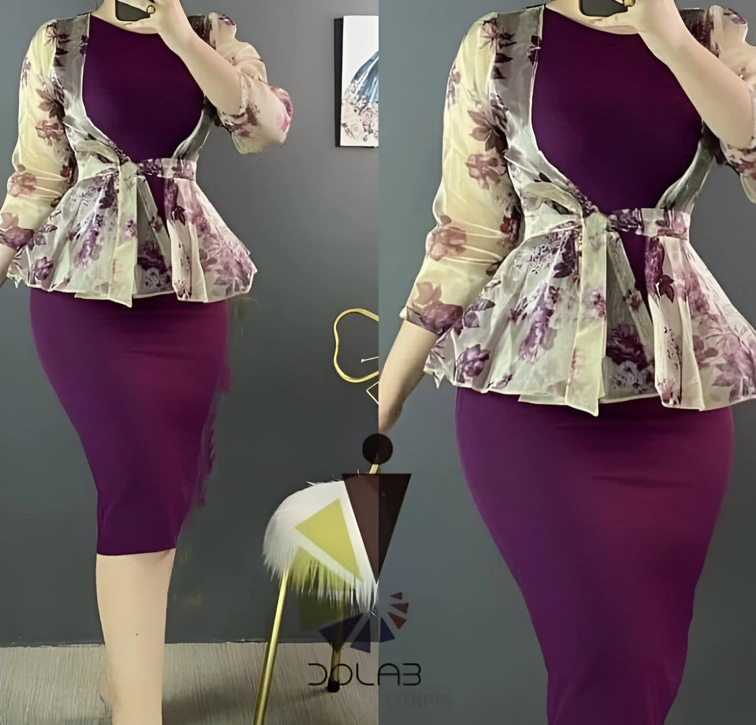 Purple Dress with Floral Peplum Jacket Outfit Idea