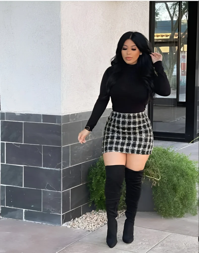 Plaid Miniskirt and Over-the-Knee Boots Outfit Idea with Black Top