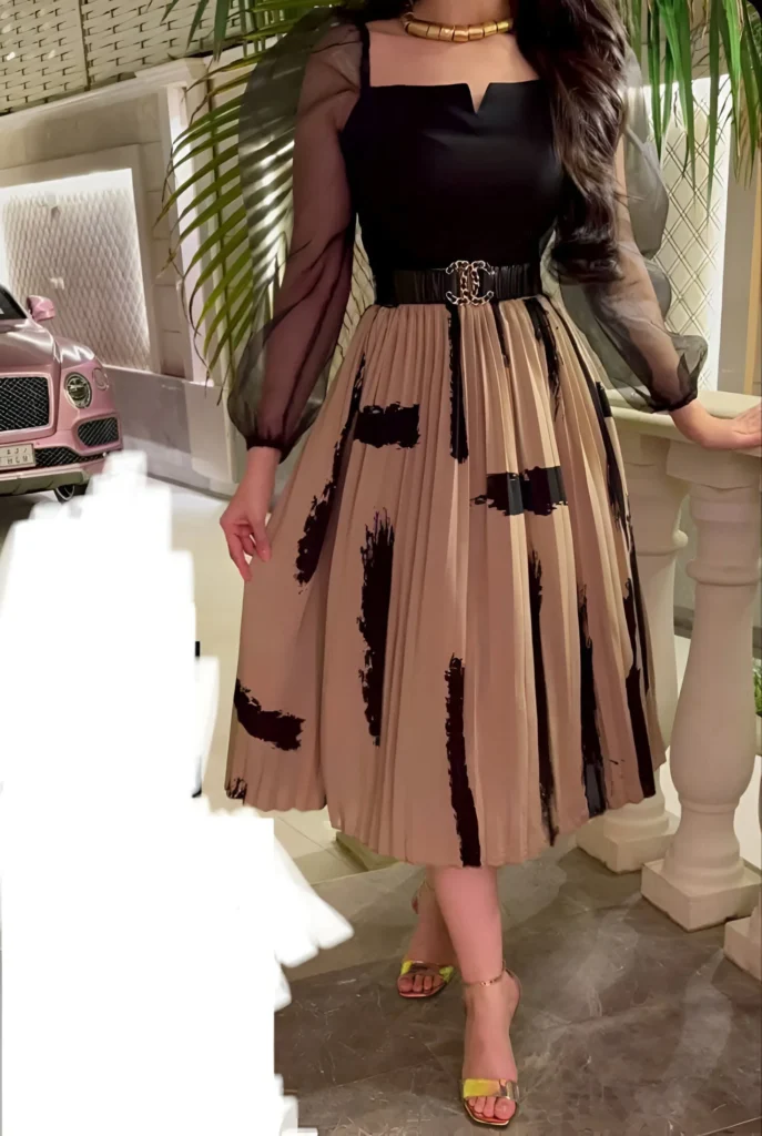 Black and Beige Dress Outfit Idea with Sheer Sleeves and Abstract Print