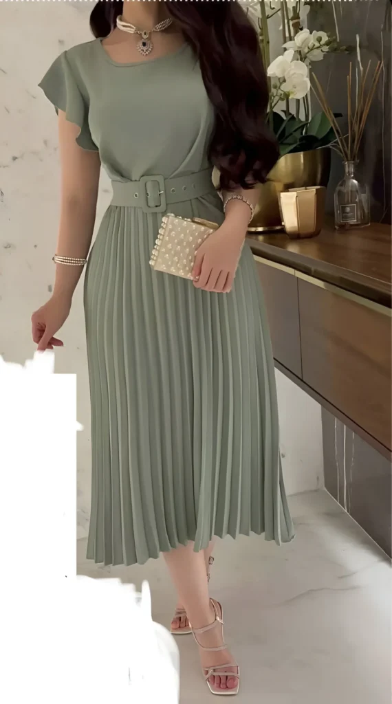 Sage Green Pleated Dress Outfit Idea with Matching Belt