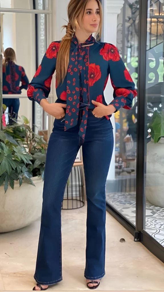 Floral Blouse and Dark Wash Denim Outfit Idea - outfit ideas for women