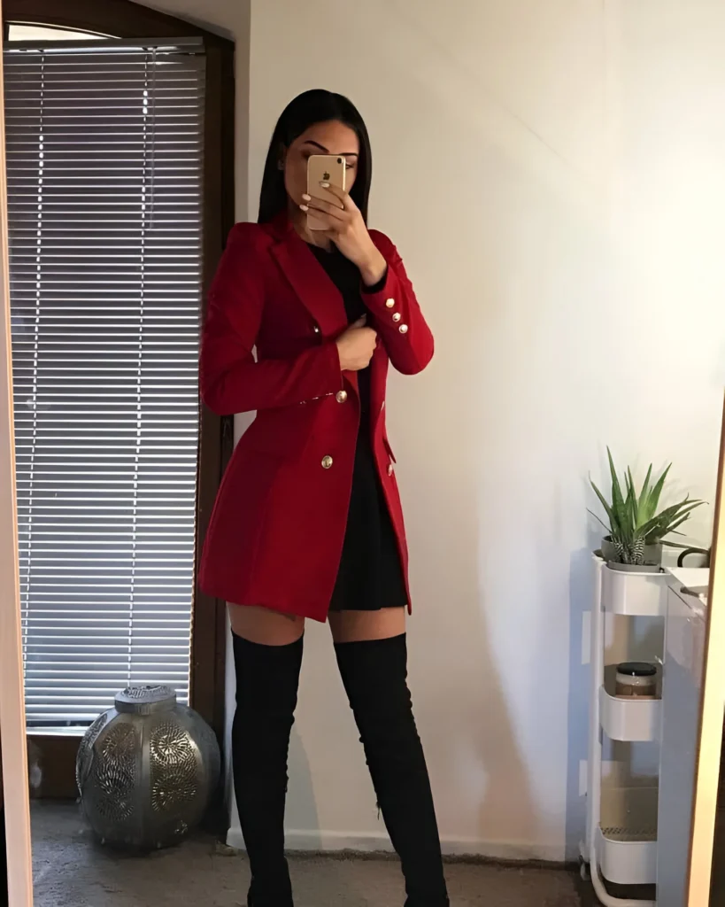 Red Blazer and Black Dress Outfit Idea with Gold Buttons - outfit ideas for women