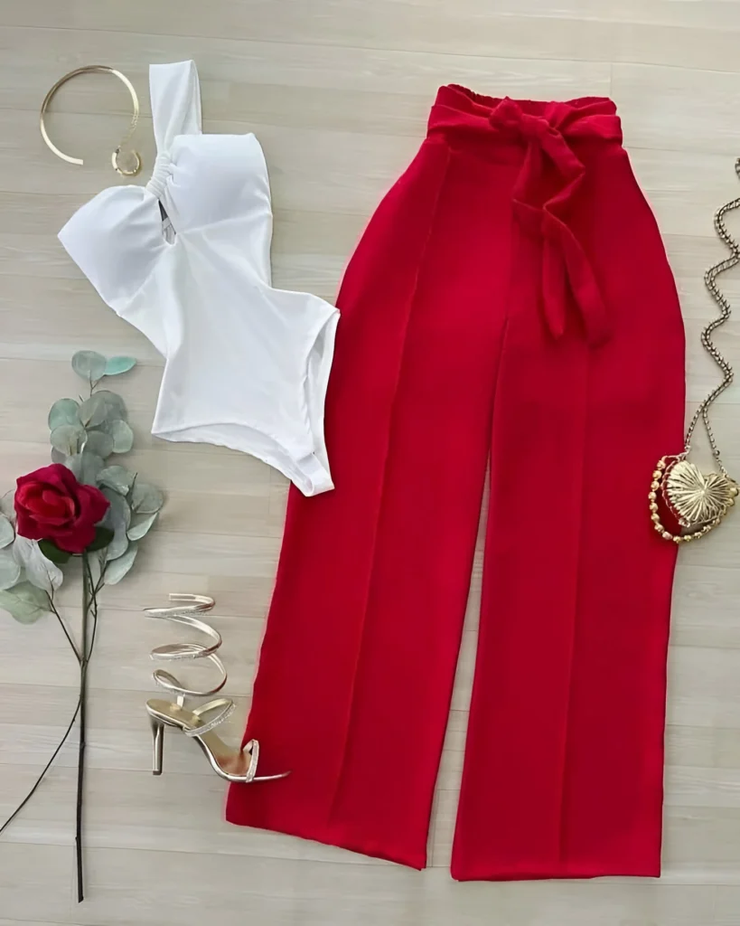 Red Wide-Leg Trousers and Asymmetrical White Top Outfit Idea - outfit ideas for women