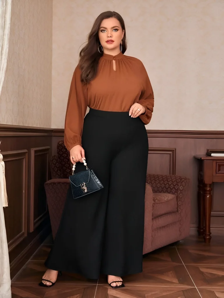 Elegant Outfit Idea with Wide-Leg Trousers and Caramel Blouse