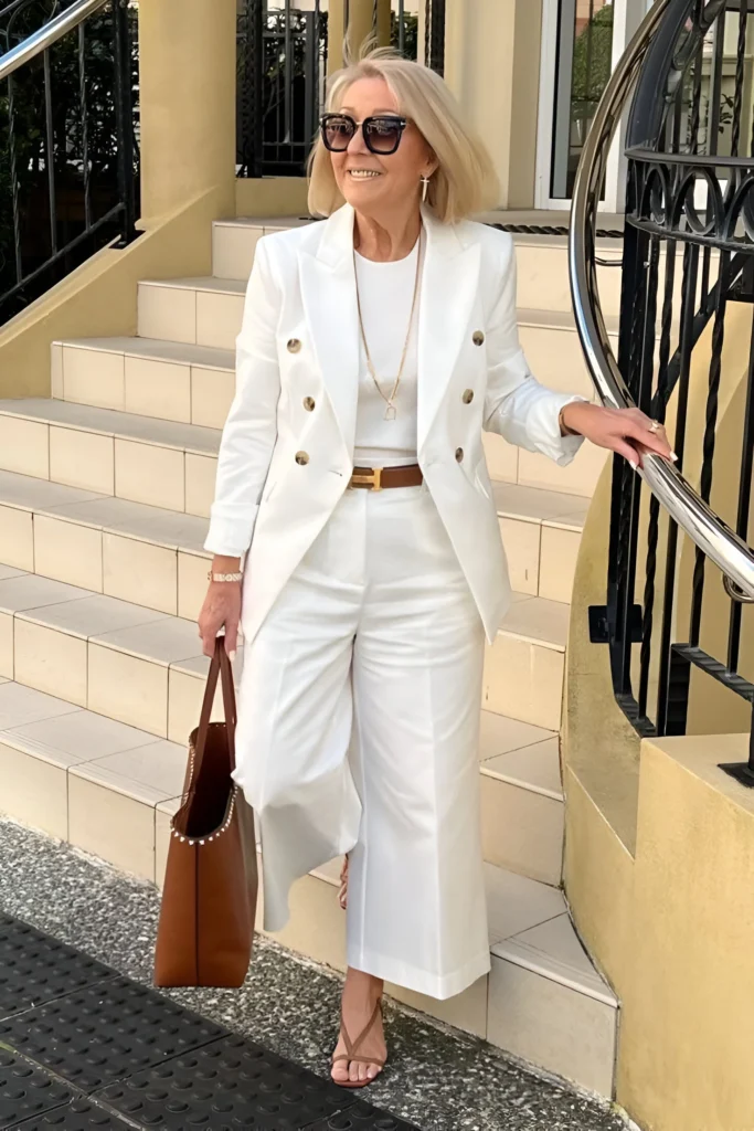 Classic White Suit Outfit Idea with Gold Button Details