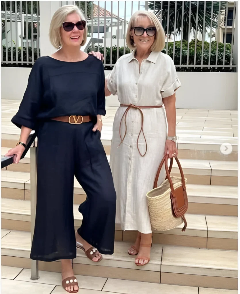 Coordinated Linen Outfit Ideas - Navy Jumpsuit and White Shirt Dress