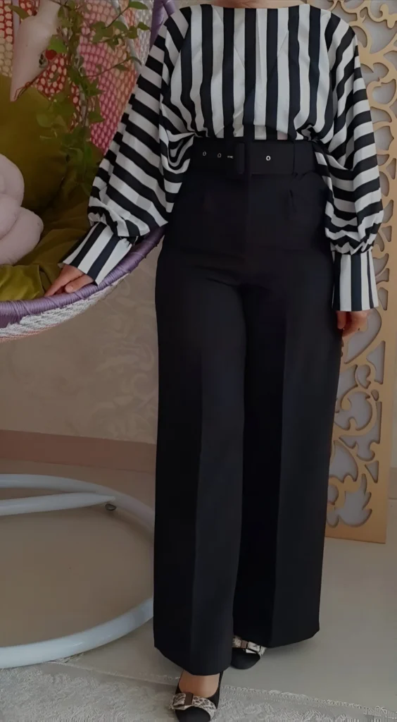 Striped Blouse and High-Waisted Trousers Outfit Idea