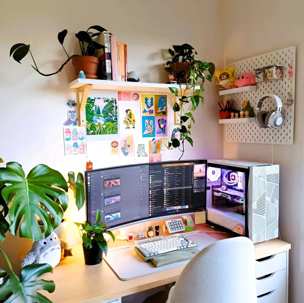 Desk setup with dual monitors, floating shelves, plants, and pegboard organizer.