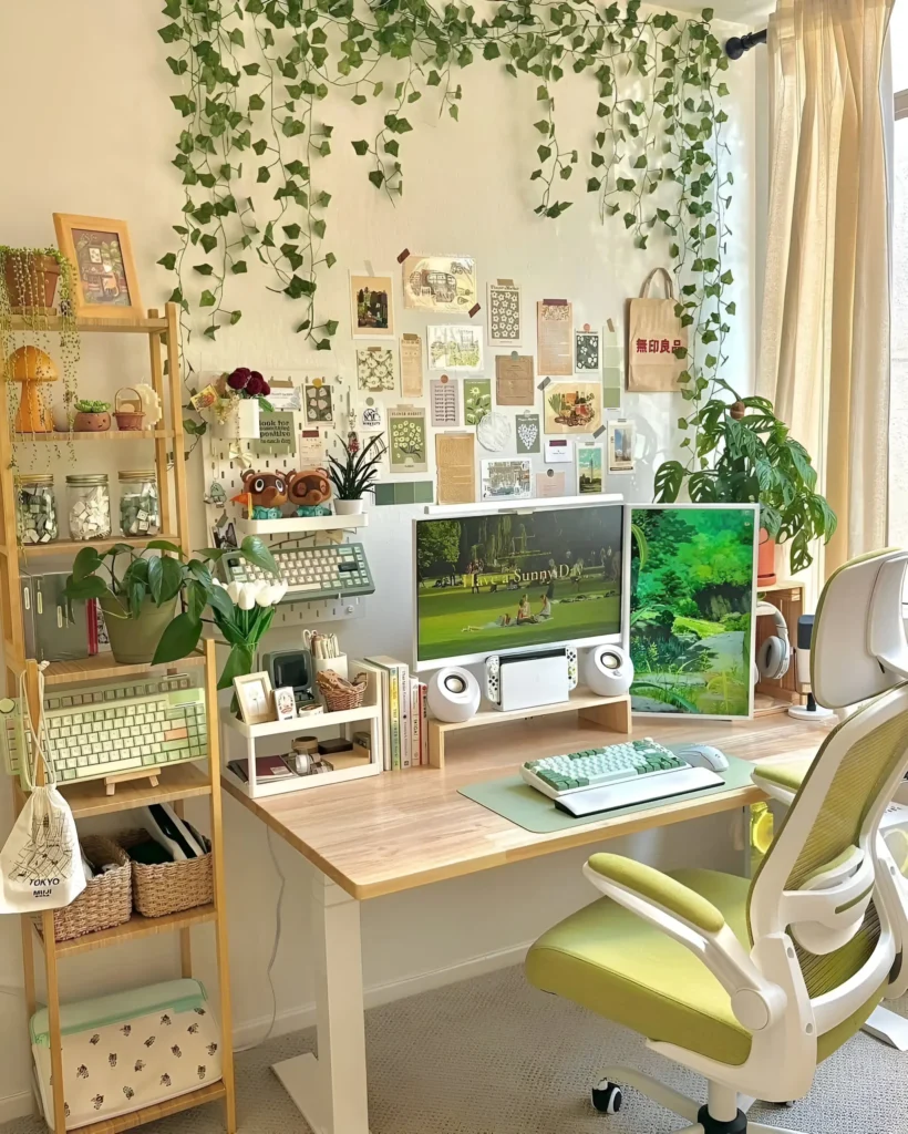 Desk setup with a variety of plants, wall decor, a large monitor, and organized shelves.