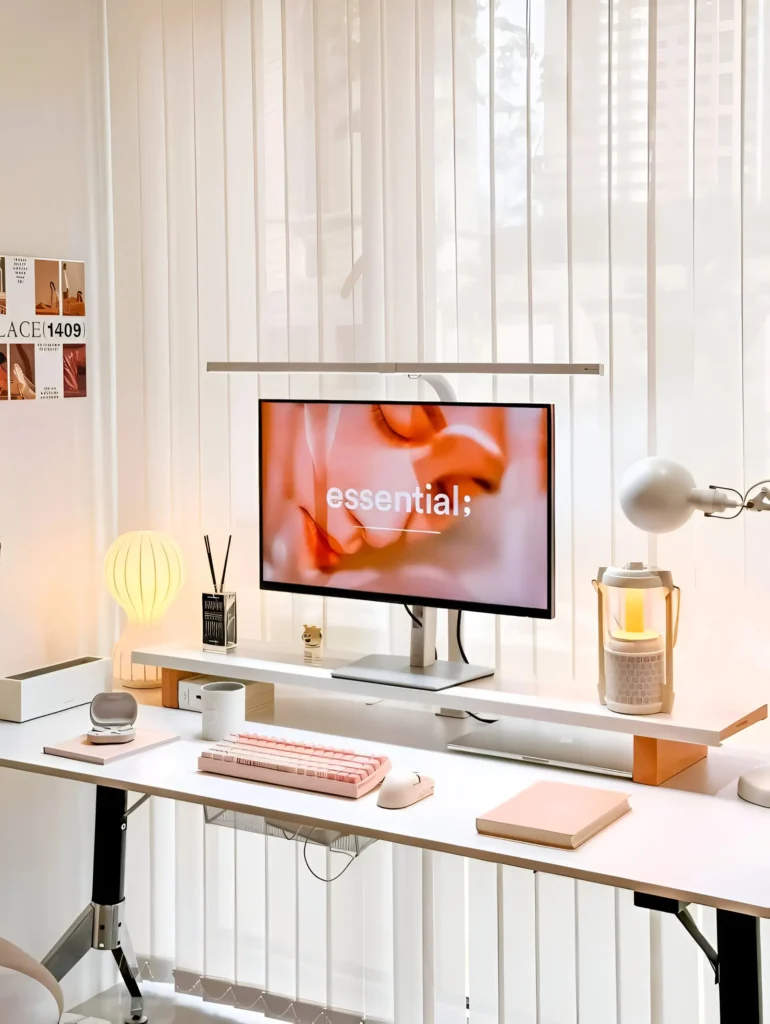 Desk setup with a monitor on a riser, keyboard, mouse, and subtle lighting.