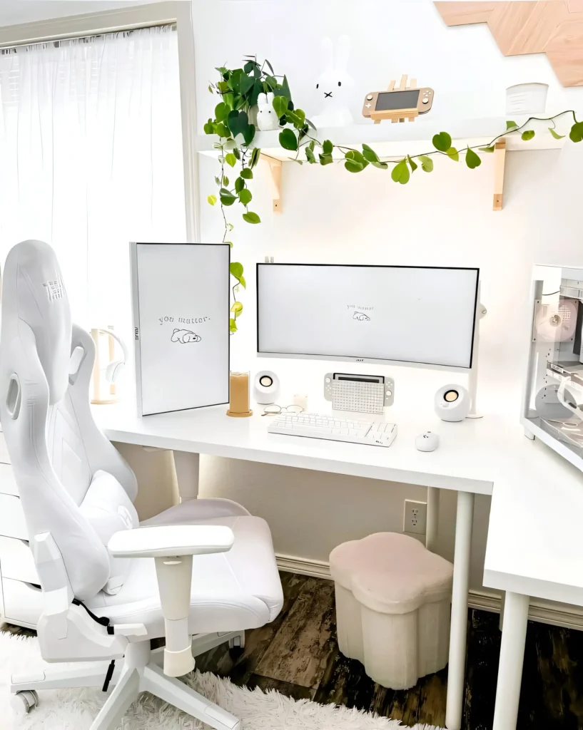 White desk setup with an ergonomic chair, large monitor, and minimalist accessories.