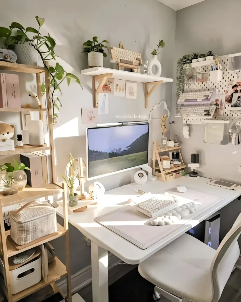 Desk setup with tiered shelving, plants, a large monitor, and desk organizers.