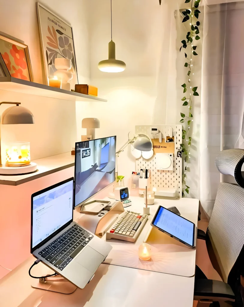 Desk setup with multiple light sources, laptop, tablet, monitor, and pegboard organizer.