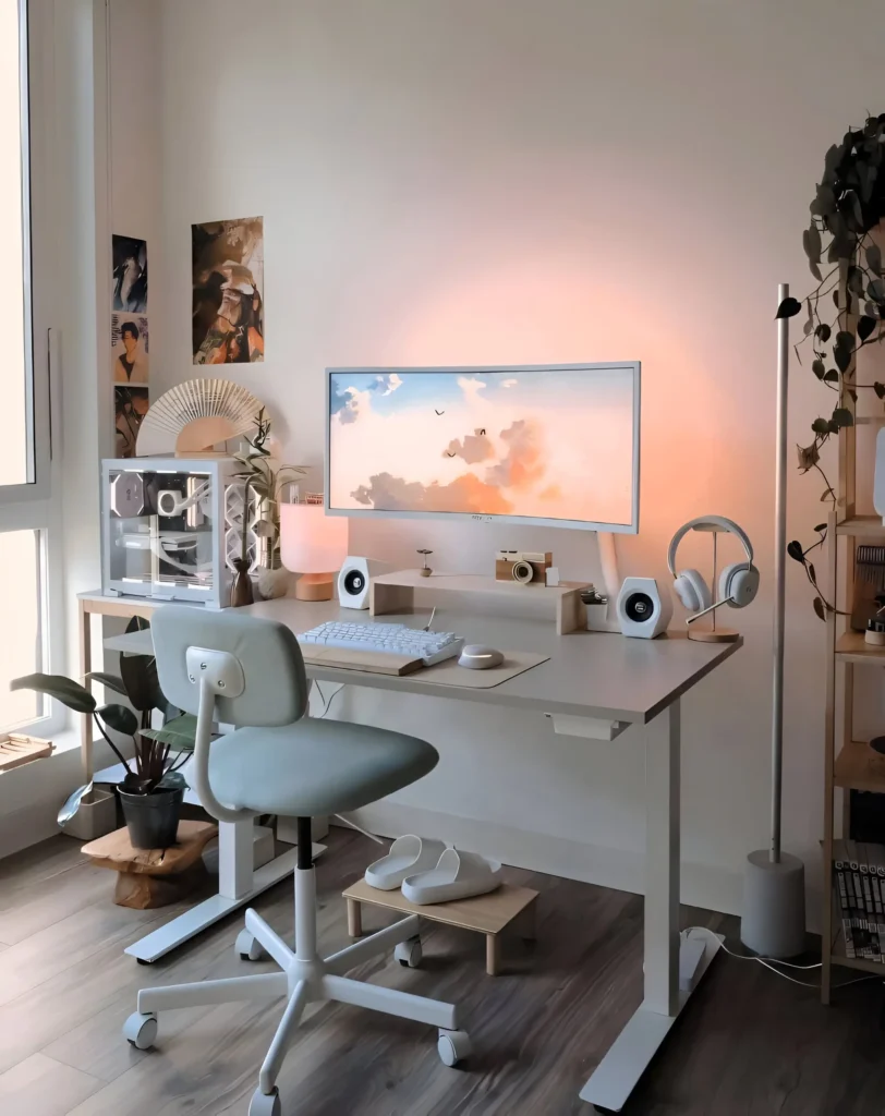 Desk setup with a large monitor, comfortable chair, standing lamp, and warm lighting.