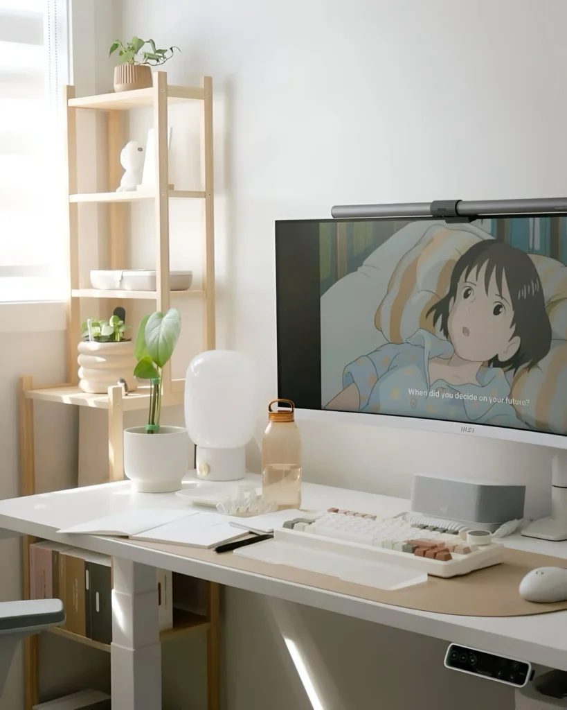 Desk setup with large monitor, desk pad, keyboard, mouse, and decorative plants.