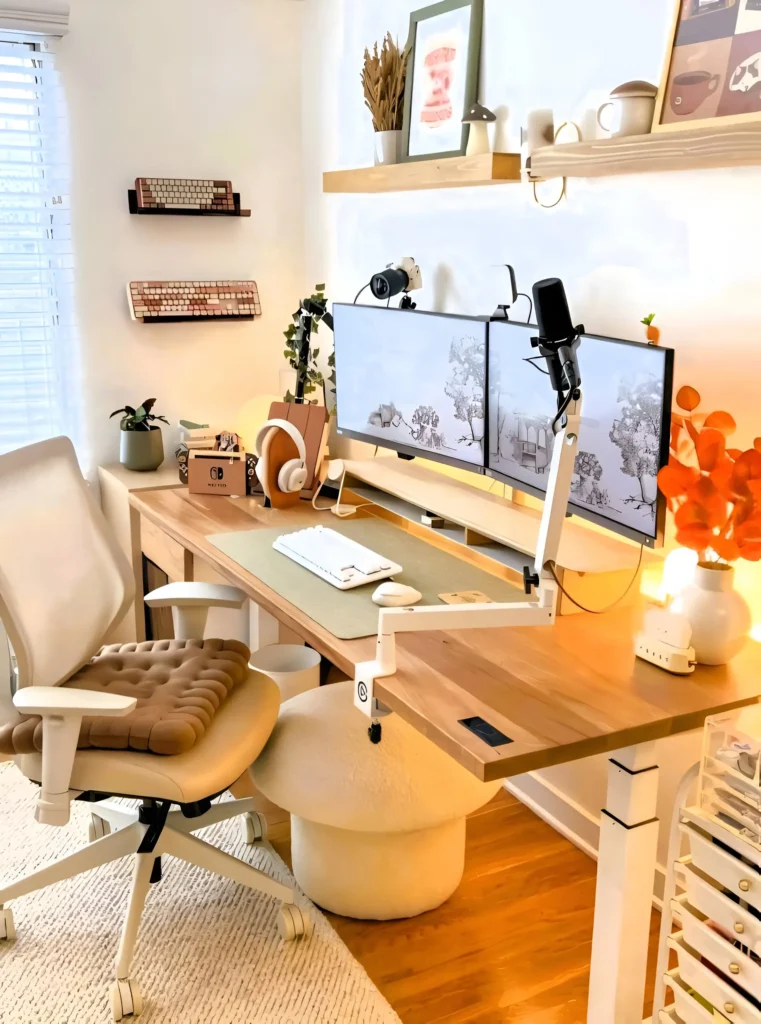 Dual-monitor desk setup with ergonomic chair, desk mat, and decorative accessories.