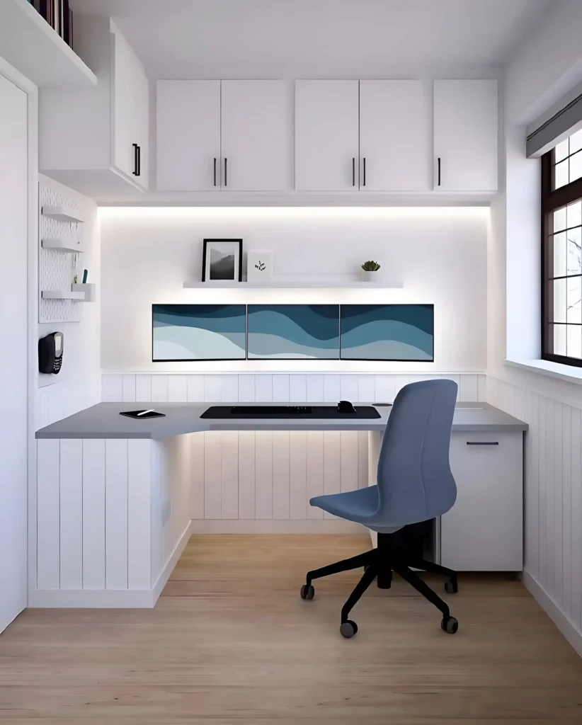 Minimalist home office with built-in desk, storage cabinets, and triple-monitor setup.