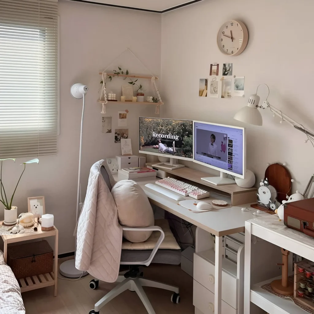 Desk setup with dual monitors, comfortable chair, soft textiles, and various desk accessories.