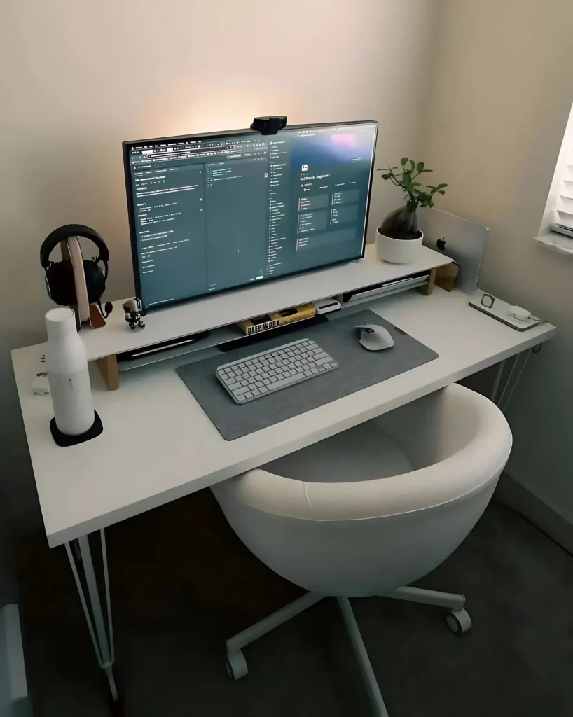 Minimalist desk setup with a large monitor, keyboard, mouse, desk mat, and small plant.