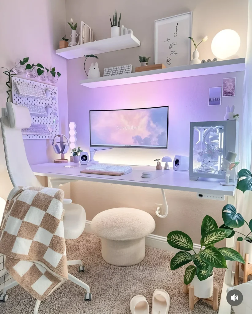 Desk setup with a large monitor, colored backlighting, floating shelves, plants, and a comfortable stool.