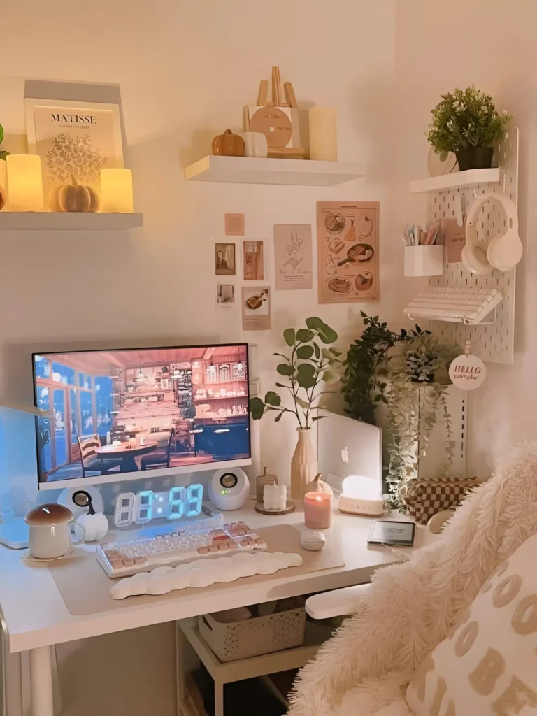 Desk setup with a large monitor, artwork, floating shelves, a pegboard, and decorative items.