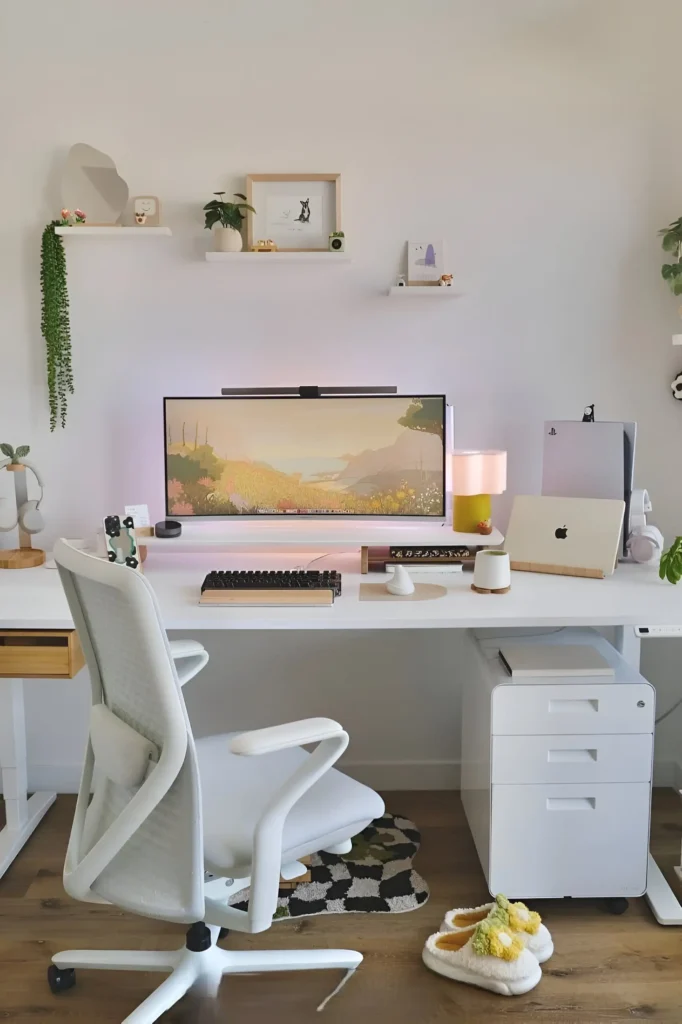 Desk setup with large monitor, ergonomic chair, floating shelves, and matching desk accessories.