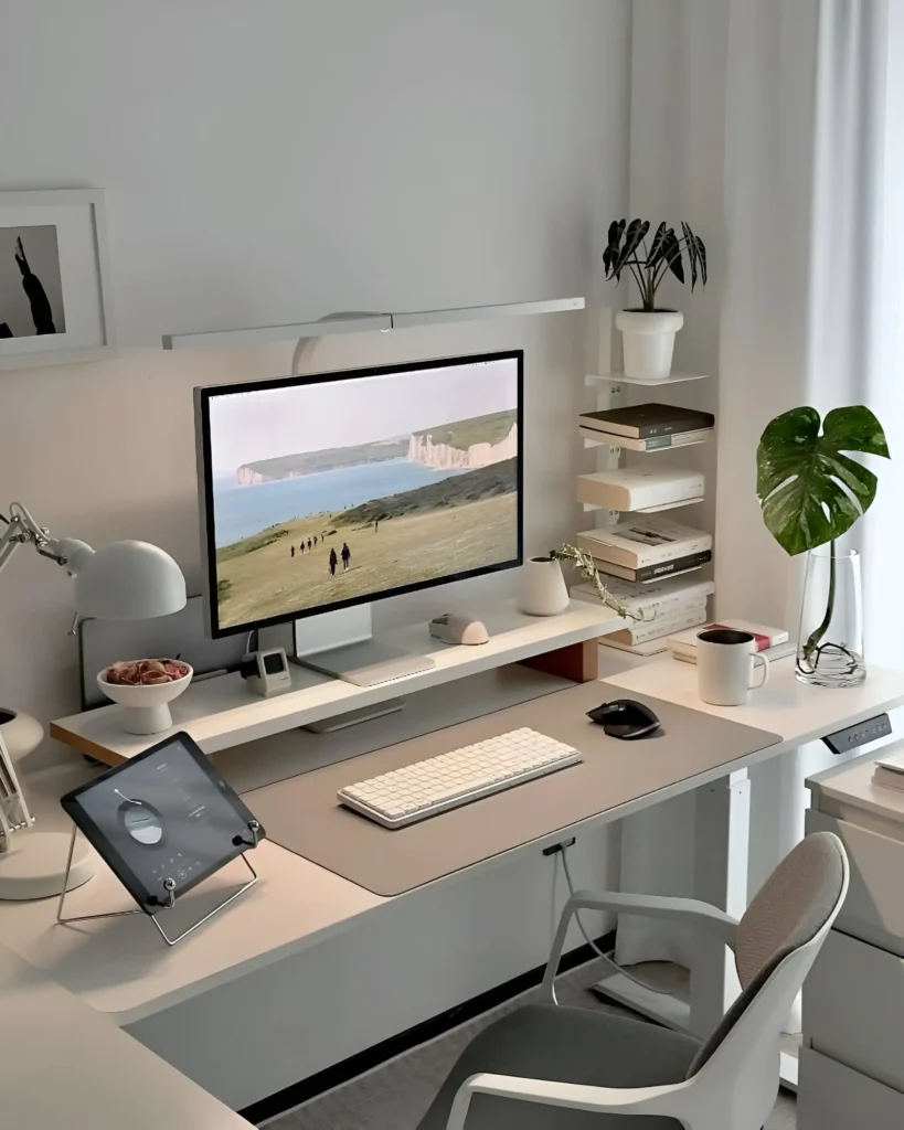 Desk setup with monitor, keyboard, mouse, tablet stand, and a mix of wood and metal accents.