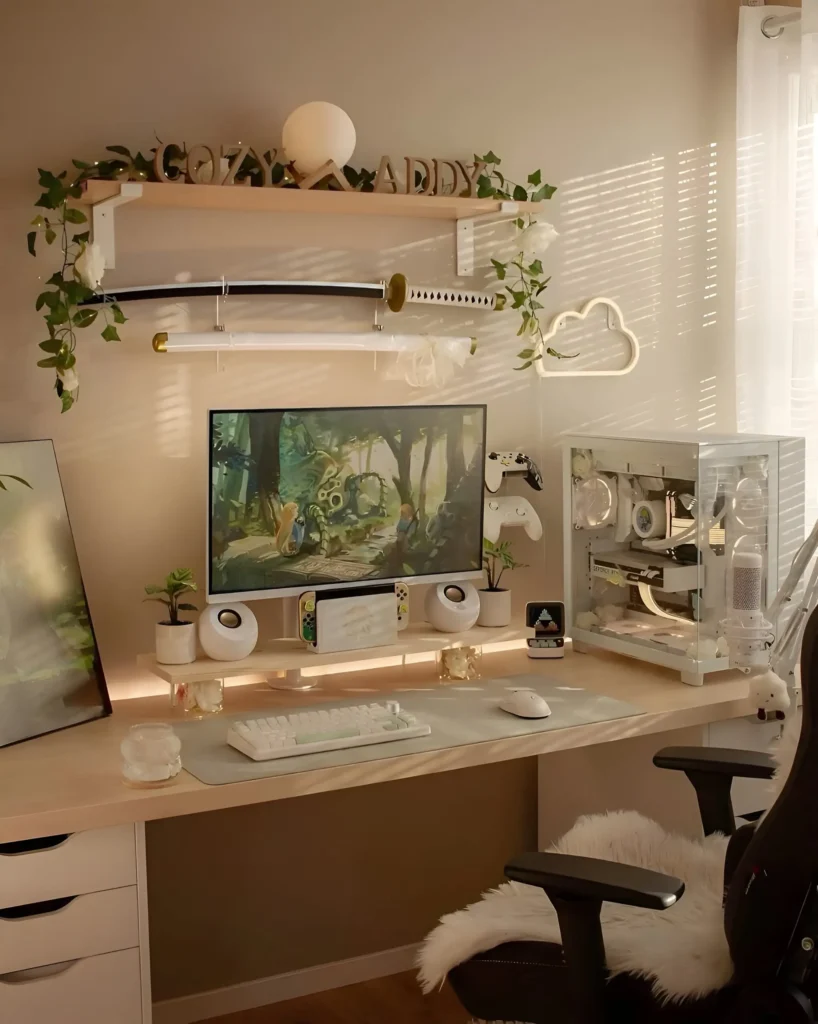 Desk setup with a large monitor, floating shelves with decorative items, and gaming accessories.