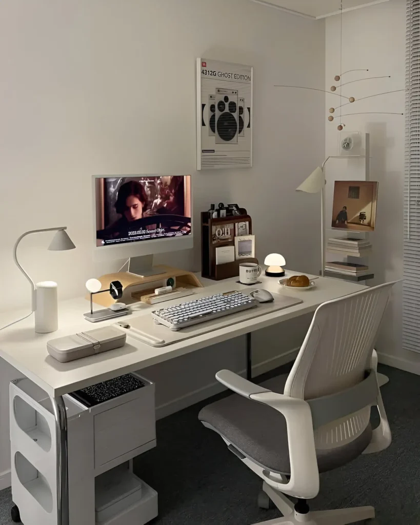 Desk setup with a monitor, artwork, desk lamps, and an ergonomic chair.