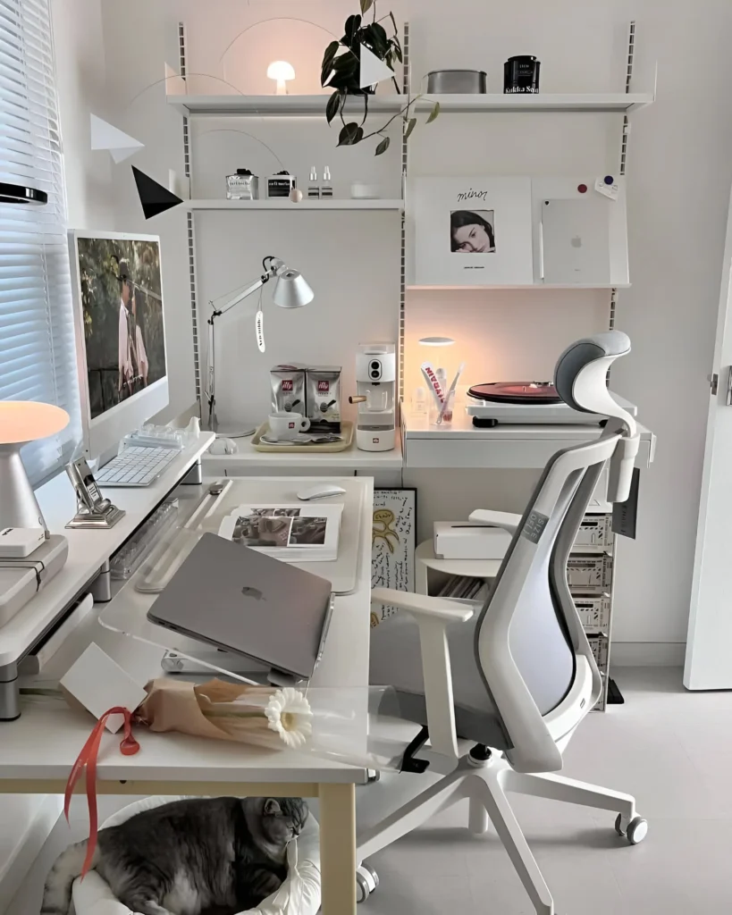 White desk setup with monitor, laptop, ergonomic chair, and a cat bed underneath. Aesthetic Desk Setup Ideas