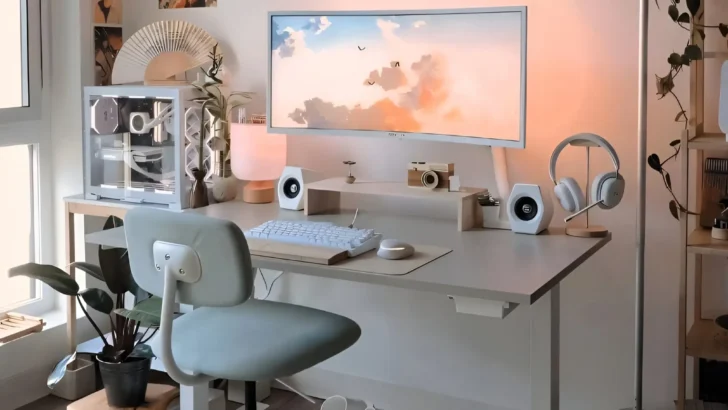 Desk setup featuring, large monitor, headphones, speakers, and a light, minimal aesthetic. Aesthetic Desk Setup Ideas