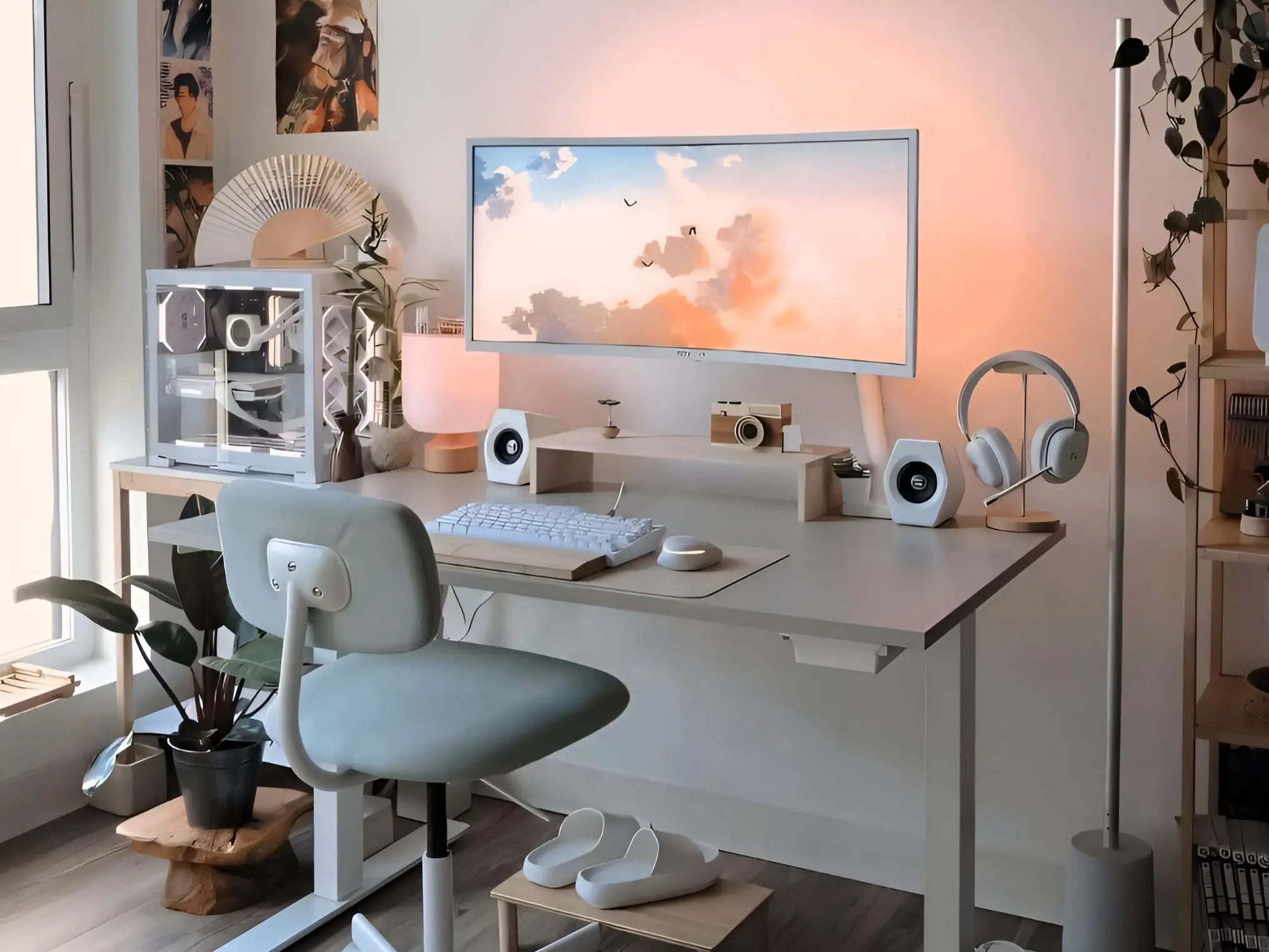 Desk setup featuring, large monitor, headphones, speakers, and a light, minimal aesthetic. Aesthetic Desk Setup Ideas