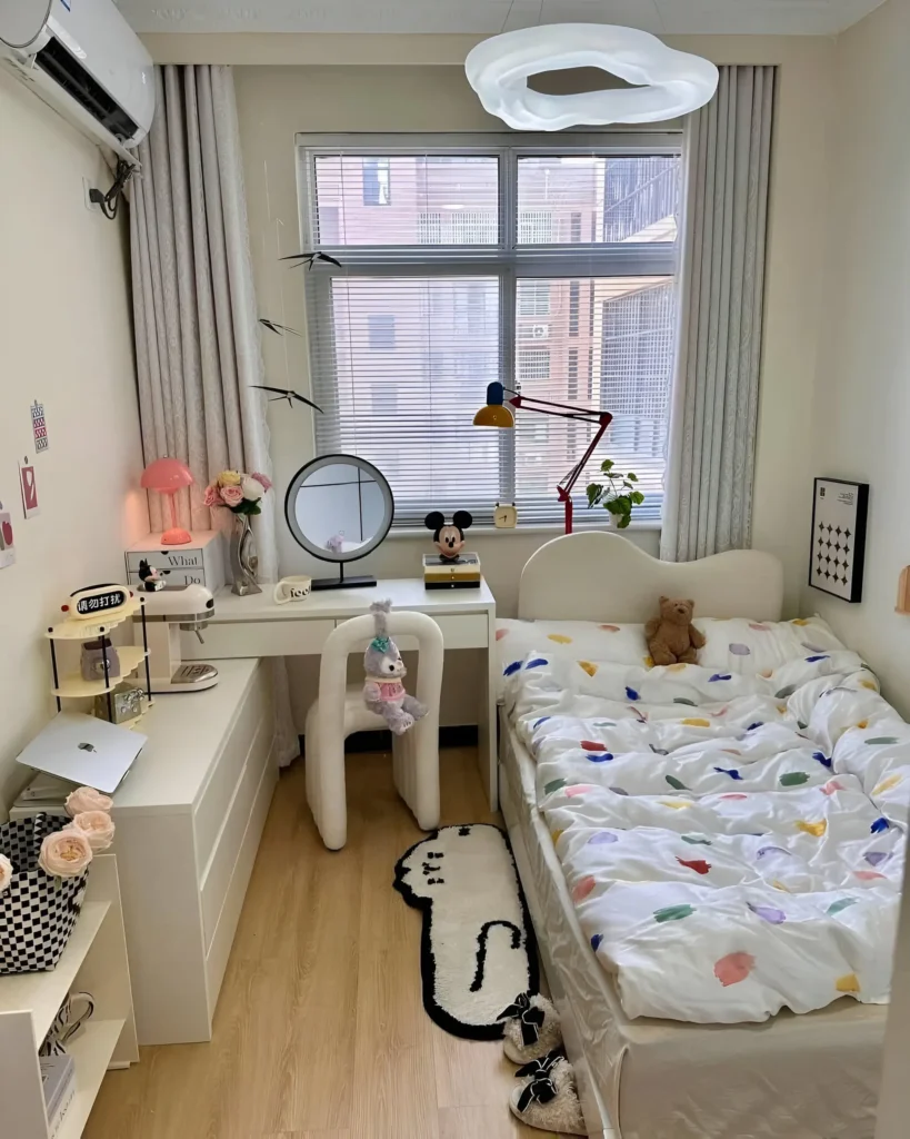 Small bedroom with a white desk acting as a vanity, a small chair, and compact white drawers, all against a light-colored wall.