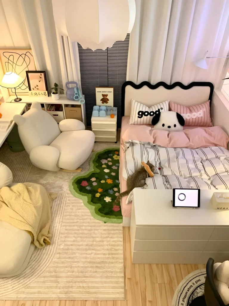 Small bedroom featuring a cloud-shaped rug, a uniquely shaped white chair, and striped bedding with colorful accents.