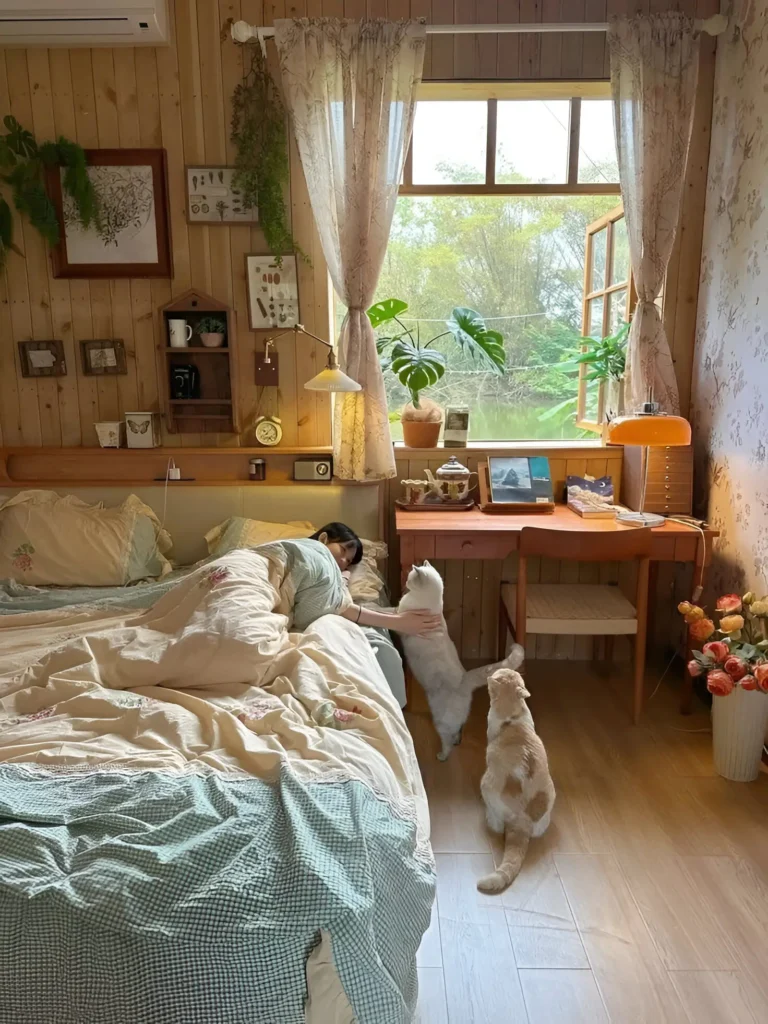 Small bedroom with a wood-paneled accent wall, wooden desk, and multiple plants, creating a natural and inviting atmosphere.