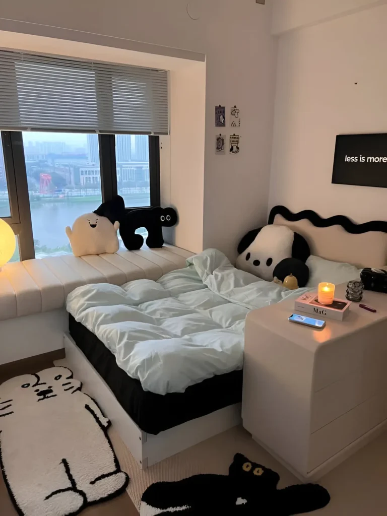 Small bedroom with a large window covered by sheer blinds, allowing ample natural light to enter the space. There are creatively shaped throw pillows on a window seat.