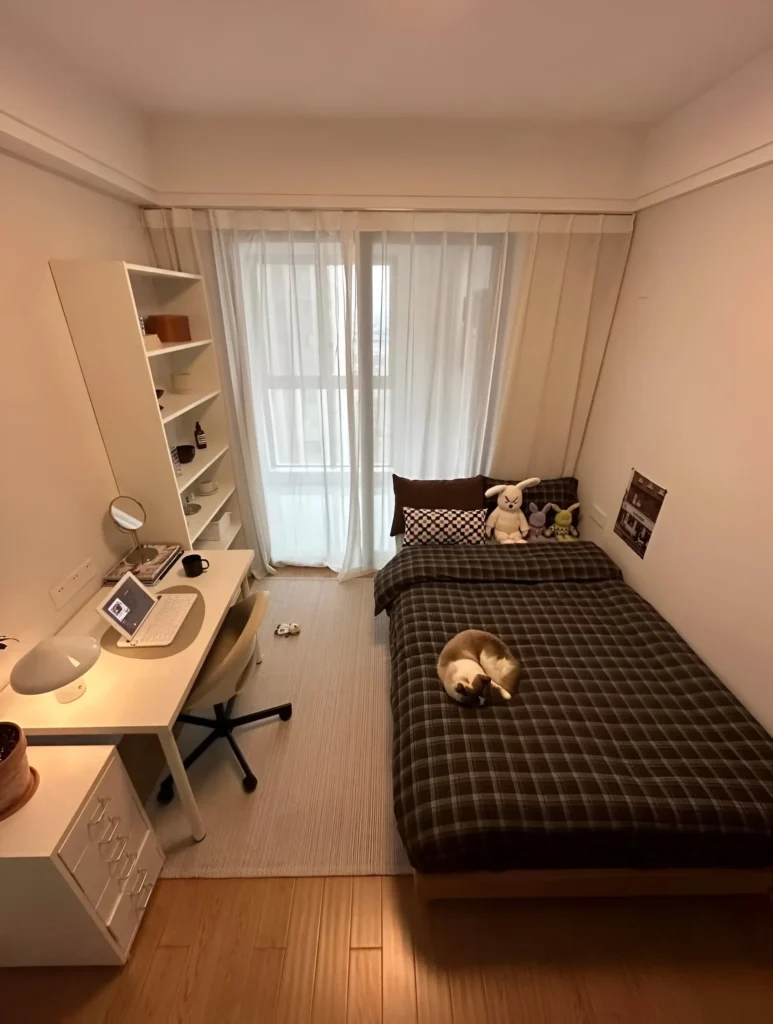 Small bedroom with a low-profile bed frame and dark-colored bedding, with a tall shelving unit in the background.