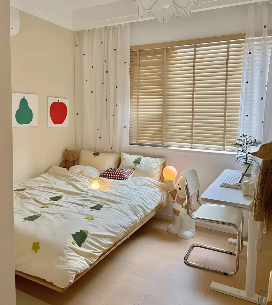 Small bedroom with light-colored walls and bedding featuring small, colorful tree and star patterns, along with two colorful fruit prints on the wall.