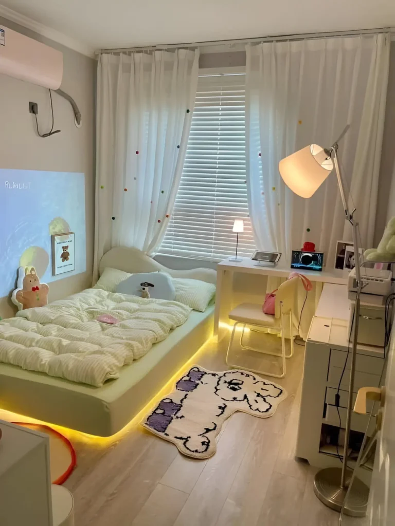 Small bedroom with a floor lamp, a desk lamp, and subtle under-bed lighting, creating a warm ambiance. The room features light colors and a playful rug.