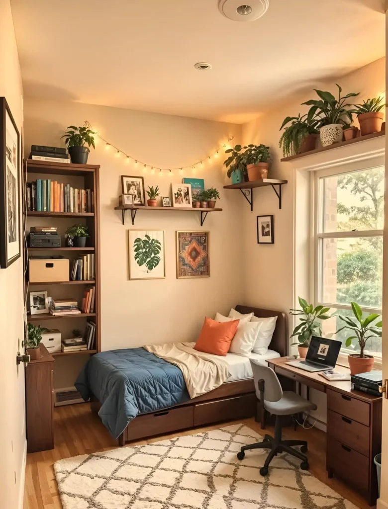 Small bedroom with multiple plants arranged on shelves and a windowsill, creating a vertical garden effect. The room also features wooden furniture and a patterned rug.