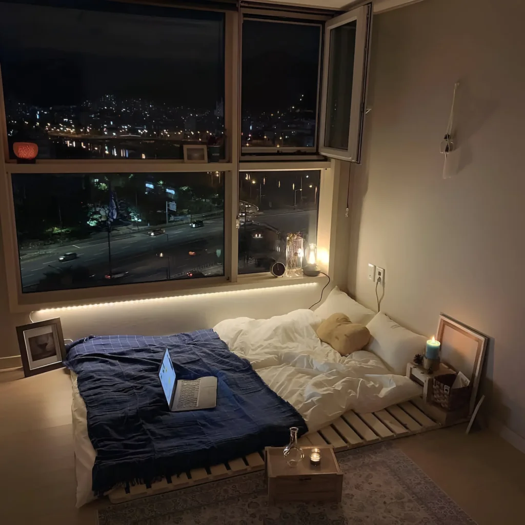 Small bedroom at night, featuring a low platform bed with under-lighting, giving a "floating" effect. Large windows offer a city view.