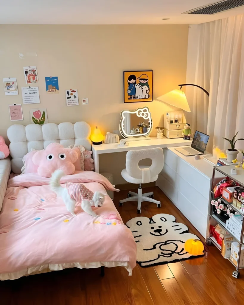 Small bedroom with a defined desk area featuring a lamp and artwork, and a separate bed area with pink bedding and a cloud-shaped pillow.