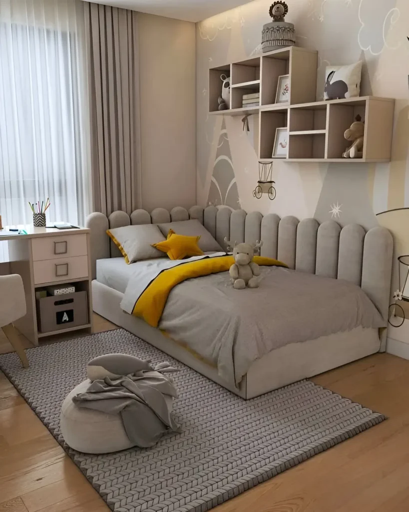 Small bedroom featuring a custom-shaped, wraparound headboard in a neutral color, with a matching bed frame and a geometric-patterned rug.