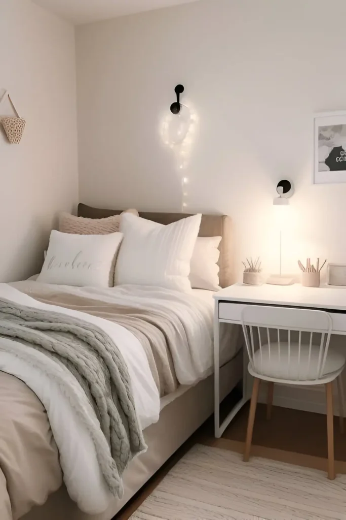 Small bedroom with white walls, featuring wall-mounted black sconces on either side of the bed. A white desk and chair are positioned to the right.