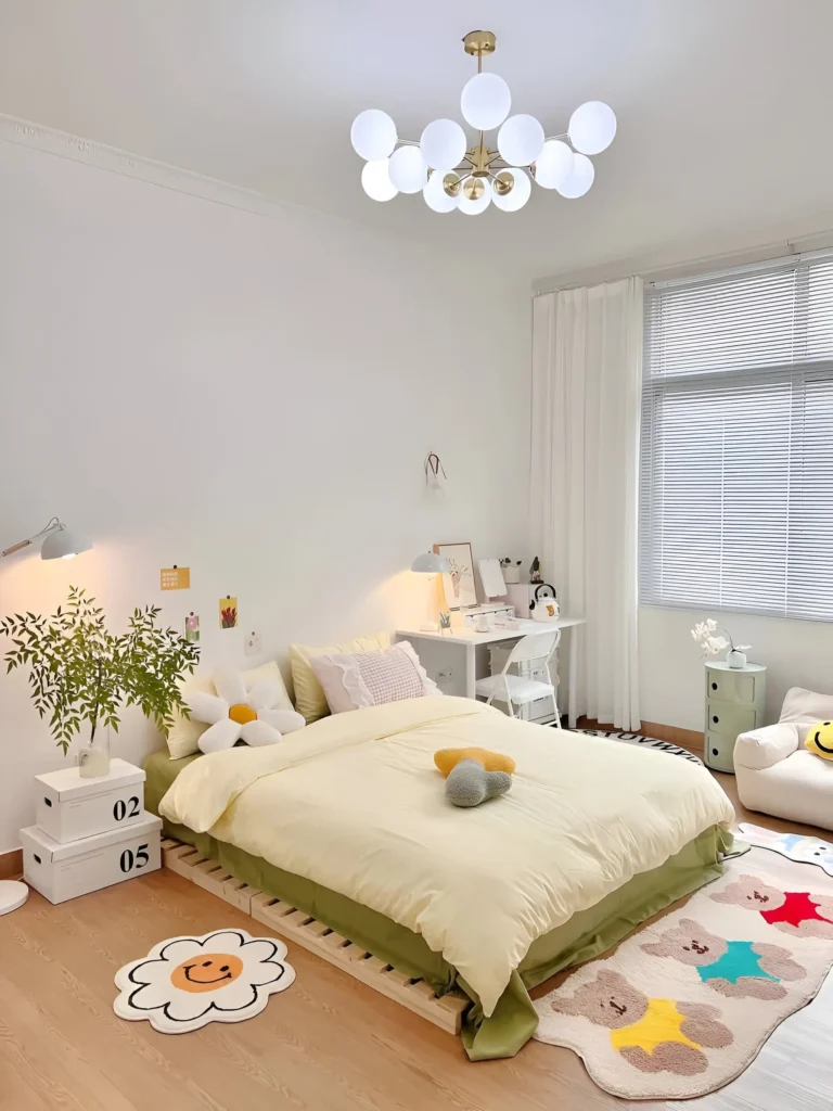 Small bedroom featuring a large, modern, multi-bulb chandelier as a central focal point. The room has light-colored walls and bedding, with a colorful rug.