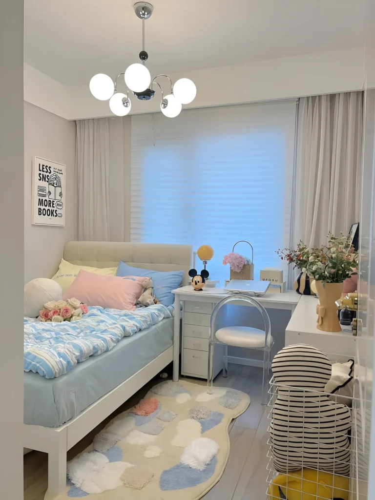 Small bedroom where the light blue bedding subtly complements the light-colored walls, creating a cohesive and calming atmosphere. A modern chandelier hangs above.