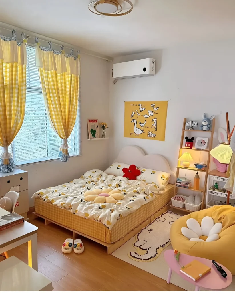 Small bedroom with yellow checkered curtains that match the yellow checkered bedding, creating a cohesive and cheerful design. Aesthetic Small Bedroom Ideas